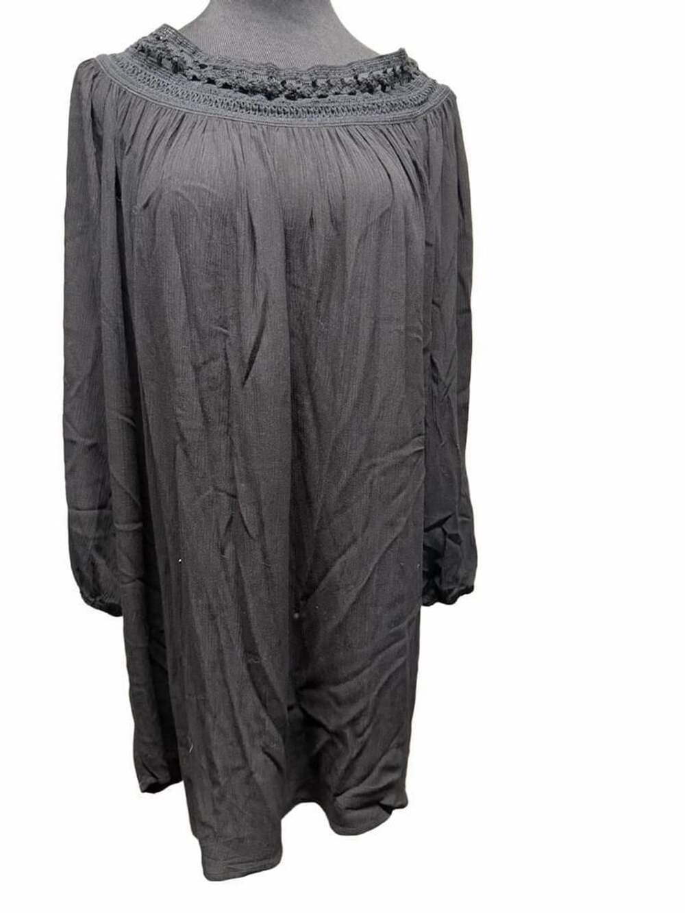 513 Hawaiian Tropic Black Long Sleeve Crochet Detail Rayon Tunic Dress Style HT-